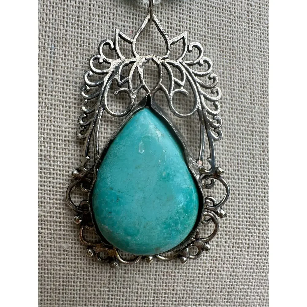 Sterling 925 Turquoise Teardrop Handmade Rustic Pendant Large Ornate Southwest